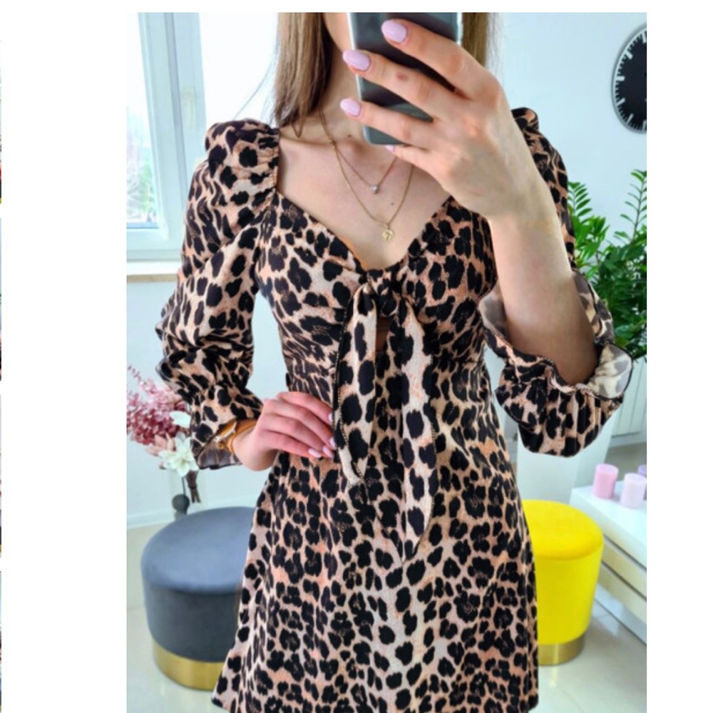 🛑SOLD🛑🌹HP🌹Leopard Print Sweetheart Neck Exaggerated Puff Sleeve Babydoll Dress - Picture 2 of 6
